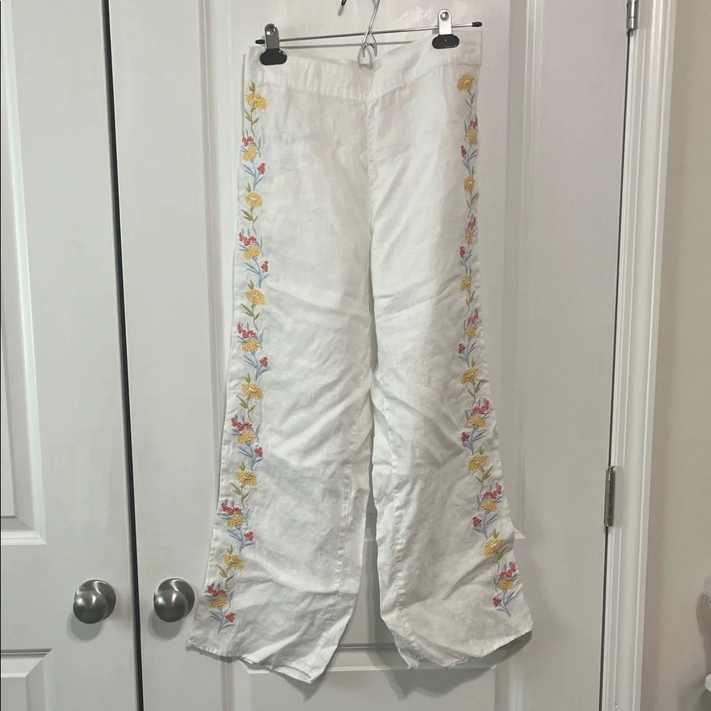 Calypso St Barth Boho White Linen Embroidered Floral Wide-Leg Pants Small - Picture 1 of 7